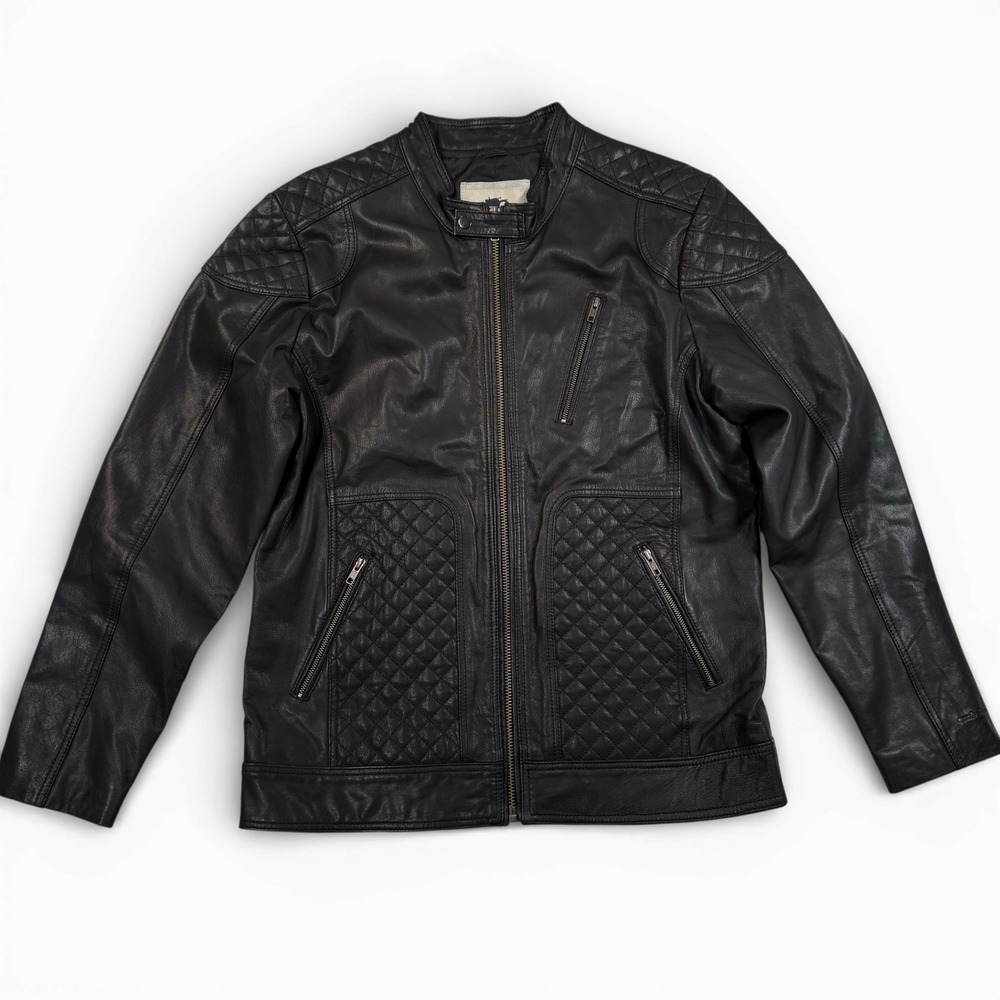 Moods of Norway Leather Jacket Mens Large Black Quilted‎ Moto Biker